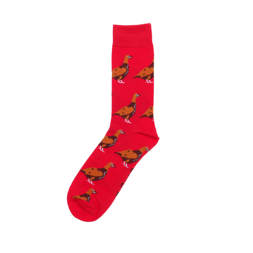 Shuttlesocks crew socks red standing grouse design