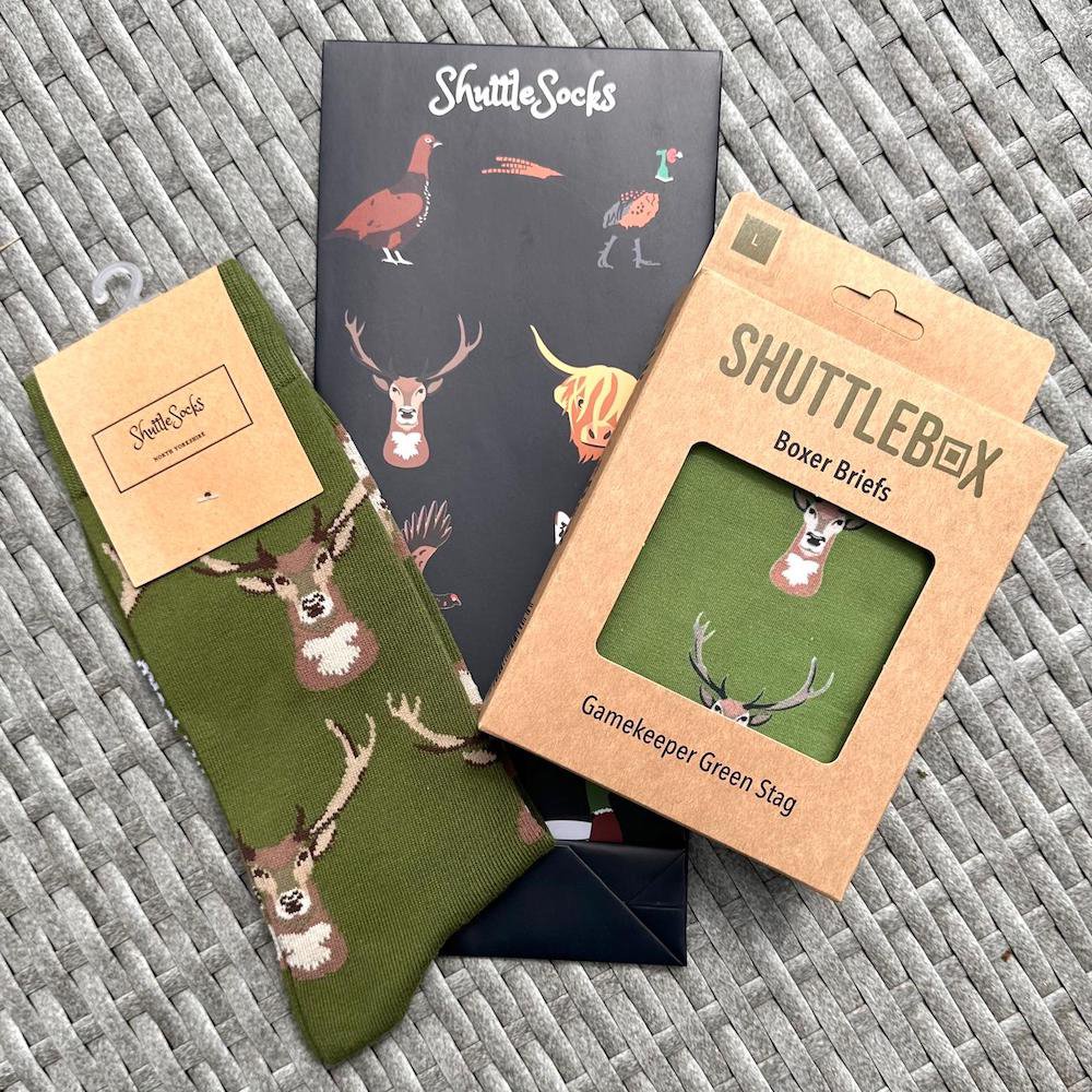 Shuttlesocks crew socks and boxer briefs gift bundle green stag