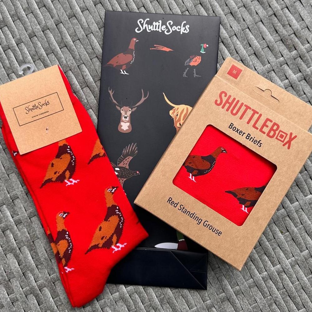 Shuttlesocks mens gift bundle socks and boxer briefs red grouse design