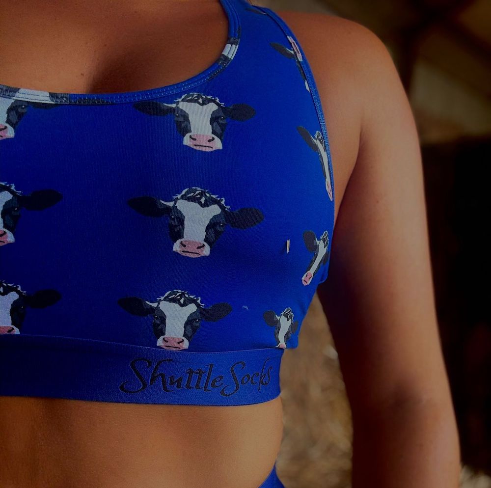 Royal blue bralette with cow design