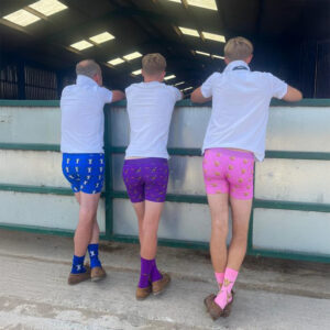 Mens boxer briefs in pink, royal purple and royal blue with pheasant, cow, and highland cow designs